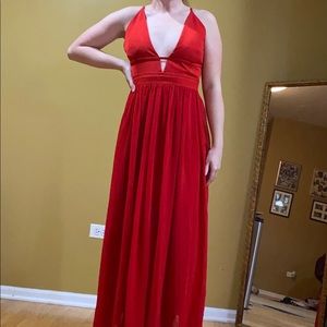 Designer Aqua Strappy Red V Neck Maxi Gown for Bloomingdales- Flawed Gem